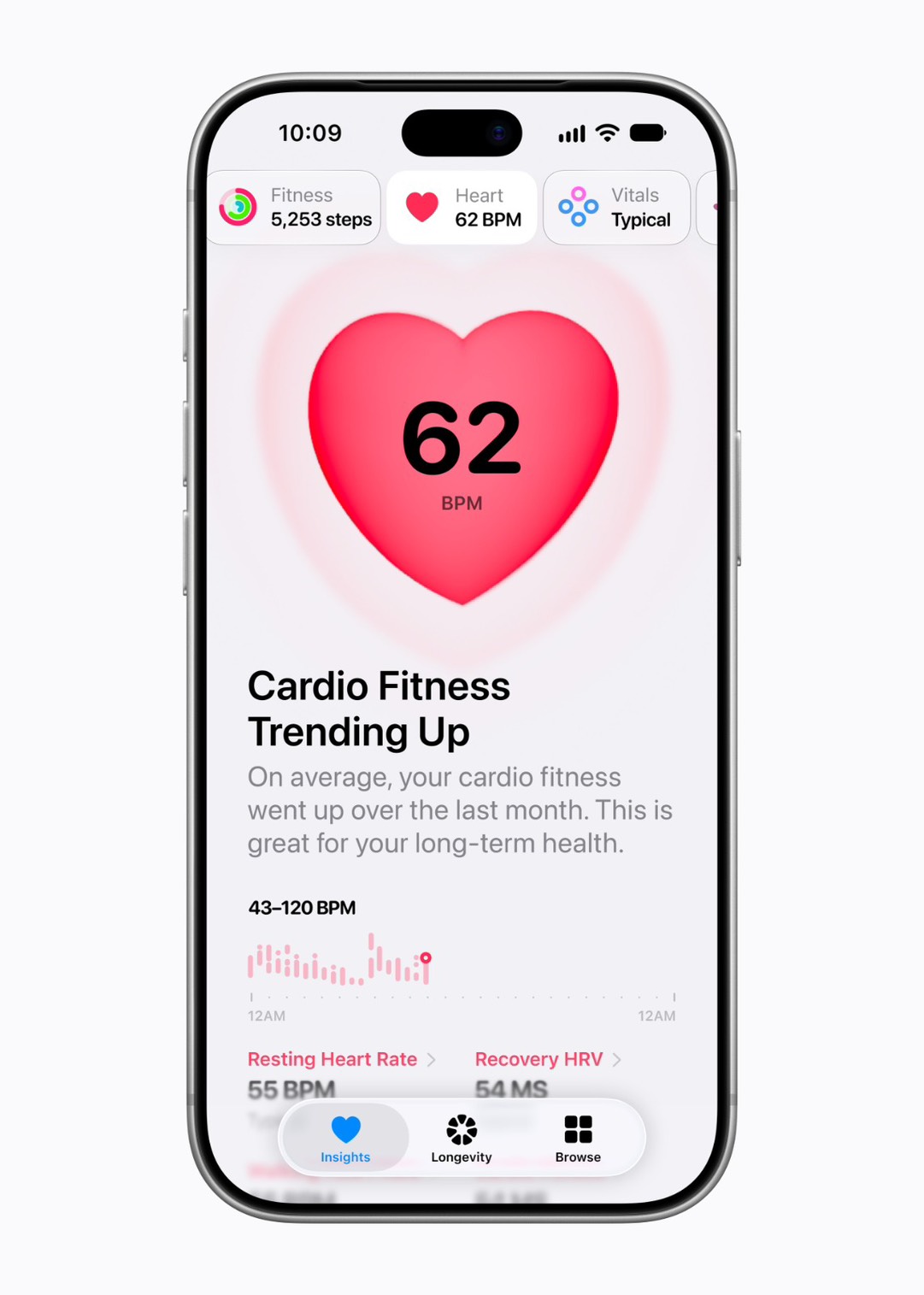 Apple also splits HRV into 2 types: Recovery HRV — day-to-day stress and recovery signals; and Overall HRV — a long-term health picture, including cardiovascular health. The simple principle: higher variability usually means the body is recovering better.