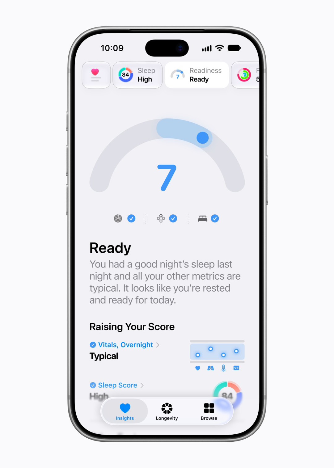 The score also updates during the day — for example, it changes after a hard workout. The system was developed using data from the Apple Heart and Movement Study, a long-running research project Apple runs with sports scientists and doctors.
