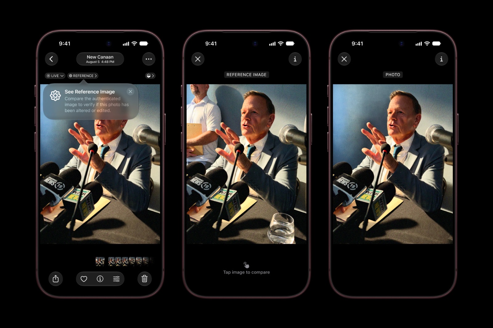 ฟีเจอร์ใหม่ชื่อ Apple Reference Image ทำงานคล้ายฟิล์มเนกาทีฟดิจิทัล คือตอนถ่ายภาพ กล้องจะบันทึกข้อมูลดิบที่เซ็นชื่อรับรองไว้ แล้วเก็บเป็นภาพต้นฉบับคู่ขนานไปกับภาพที่เราเห็น ถ้าใครเอาไปแก้ในภายหลัง เราเปิดเทียบสองภาพแล้วดูได้ว่ามีการแก้ตรงไหนบ้าง