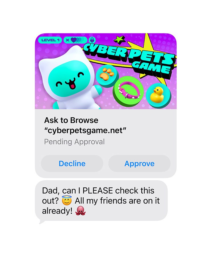 Ask to Browse ให้เด็กต้องขออนุญาตก่อนเข้าเว็บใหม่ พ่อแม่เปิดดูคำขอในแอปข้อความก่อนกดอนุมัติได้ Communication Safety ที่เดิมกันภาพโป๊ ตอนนี้ยังเบรกก่อนเด็กเห็นภาพหรือวิดีโอที่มีความรุนแรงหรือภาพสยองด้วย
