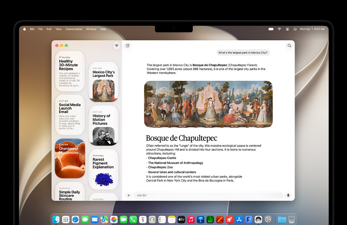 มีแอป Siri แยกต่างหากที่รวมทุกบทสนทนาไว้ที่เดียว ถามค้างไว้บน iPhone แล้วมาต่อบน Mac ได้ พินบทสนทนาสำคัญไว้ได้ด้วย